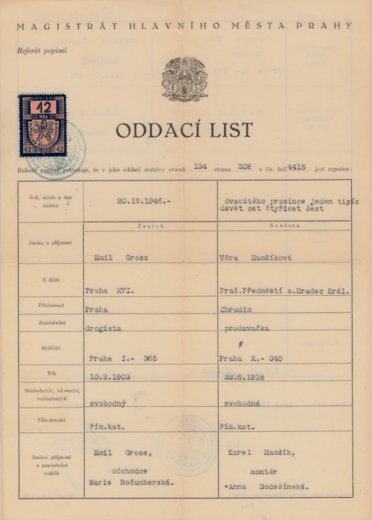 Odaci List Emil Gross &amp; Vera (Hamsikova) Grossova