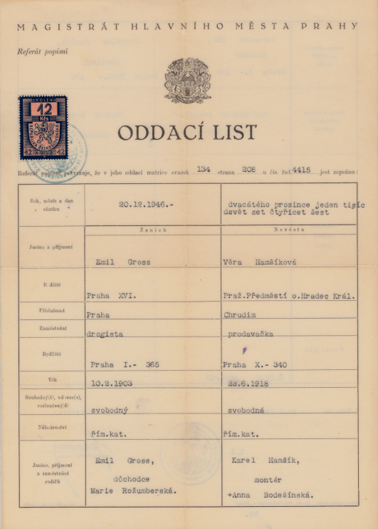 Odaci List Emil Gross &amp; Vera (Hamsikova) Grossova